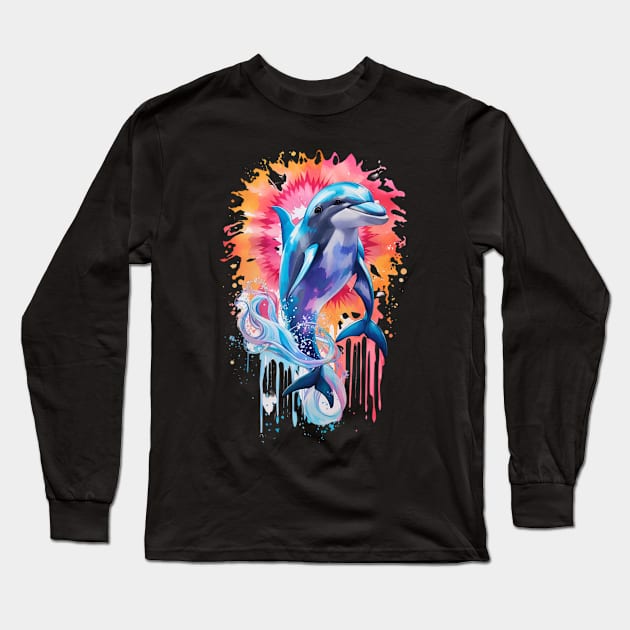 Harmony of Colors: McKenna's Tie-Dye Dolphin Serenade Long Sleeve T-Shirt by Helen Morgan